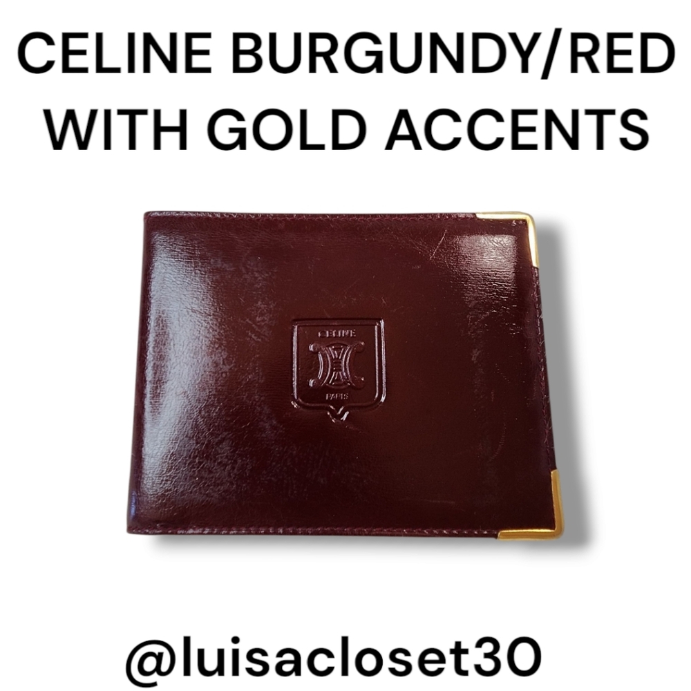 CELINE Burgundy/Red Leather Wallet with Gold Accents